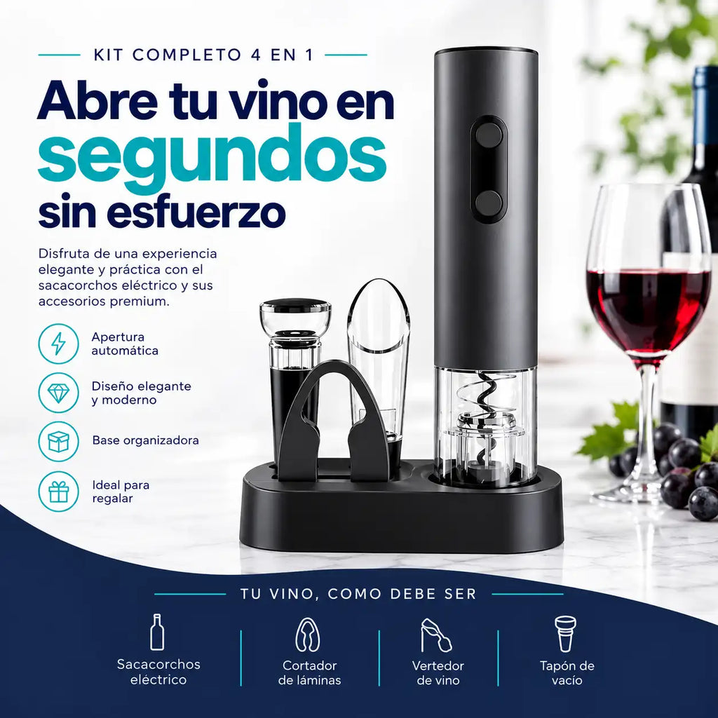 Sacacorchos Eléctrico para Vino 4 en 1 | Abre Botellas en Segundos