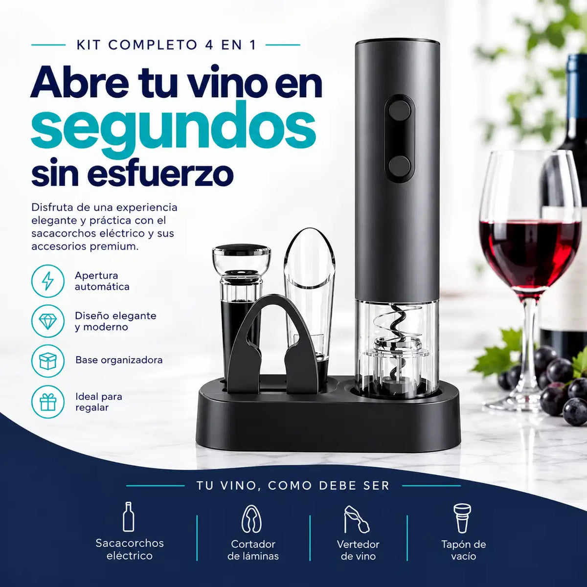 Sacacorchos Eléctrico para Vino 4 en 1 | Abre Botellas en Segundos