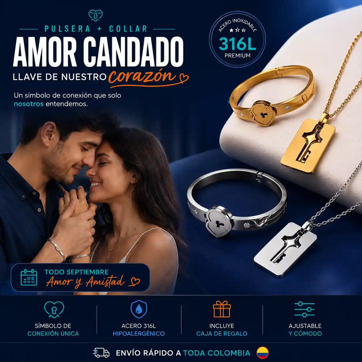 Set Pareja Pulsera + Collar en Acero inoxidable (Caja de Regalo Incluida)