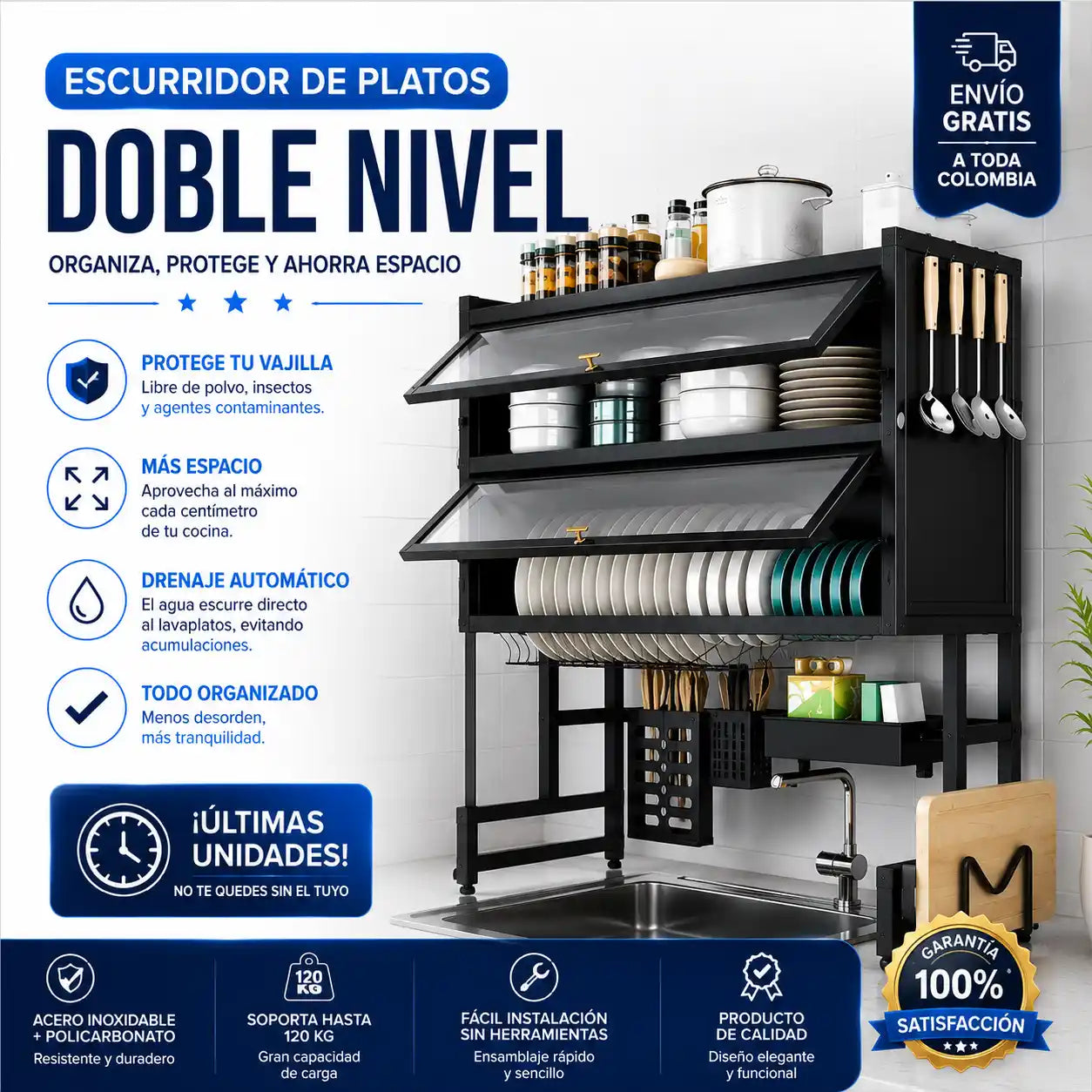 Escurridor De Platos Doble Tapa 65cm