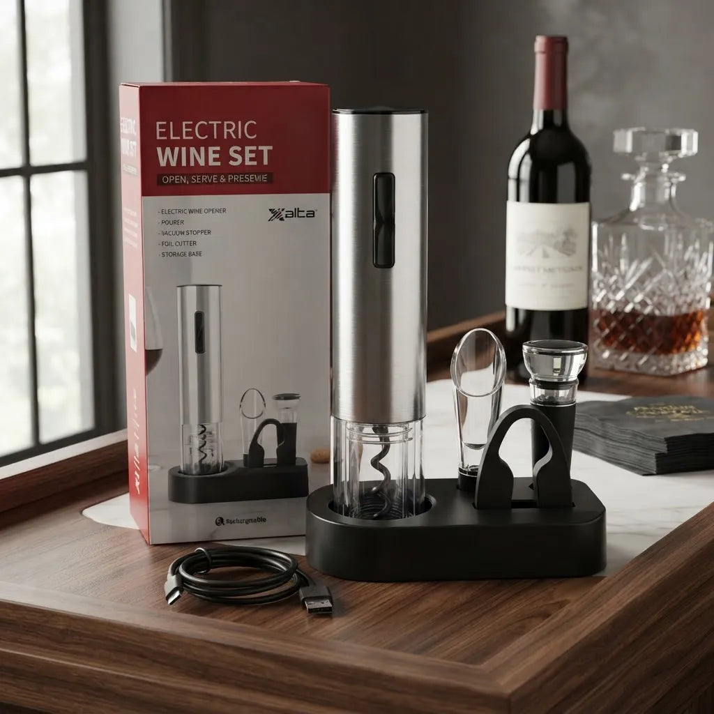 Sacacorchos Eléctrico para Vino 4 en 1 | Abre Botellas en Segundos